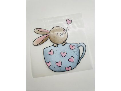 Nažehlovačka na oblečení - Zajíček v šálku lásky Š15cm x D15cm
